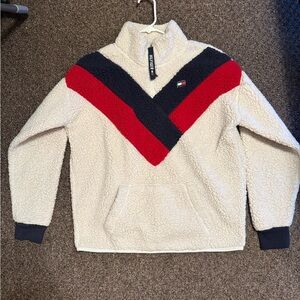 Tommy Hilfiger Men's Zip-Up Sweater in Cream, Red, and Black